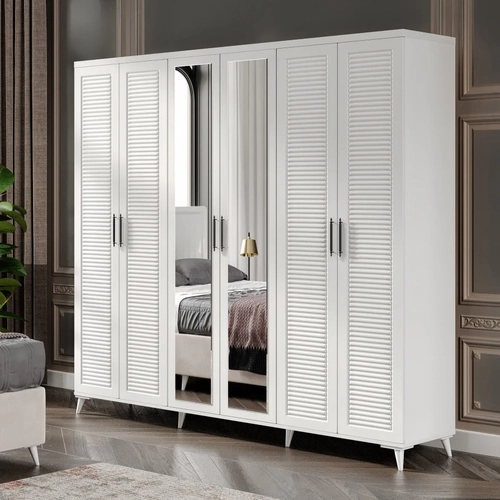 �cretsiz Montaj Paris 6 Kapakl� Aynal� Komple MDF Beyaz Gard�rop