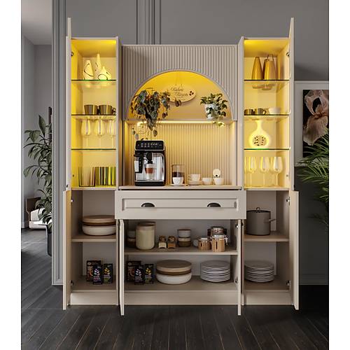 Siena Maxi 170 cm Komple MDF Cam Vitrinli Kahve K��esi - Kum Beji | Montaj Dahil