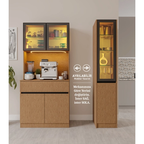 Bambu Midi Sa� Vitrinli Komple MDF LED Ayd�nlatmal� Kahve K��esi