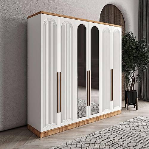 cretsiz Montaj Rosa 6 Kapakl Aynal Komple MDF Gardrop