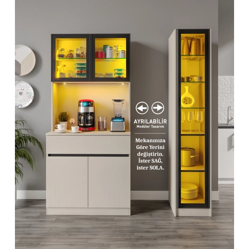 Lora Kum Beji Midi Sa� Vitrinli Komple MDF LED Ayd�nlatmal� Kahve K��esi
