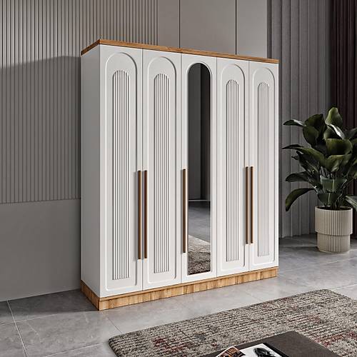 cretsiz Montaj Flora 5 Kapakl Aynal Komple MDF Gardrop
