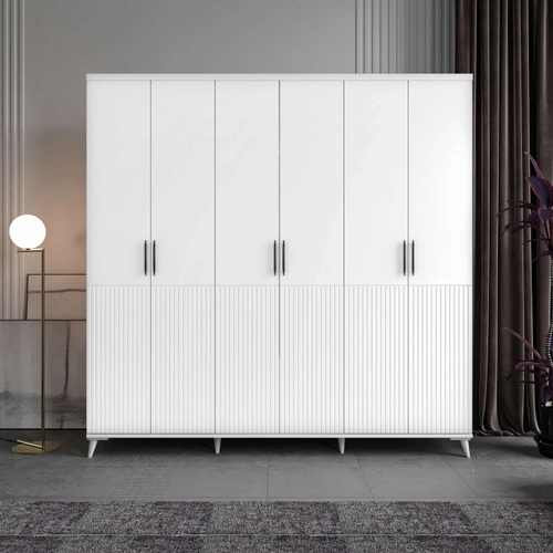 �cretsiz Montaj Zarif 6 Kapakl�  Komple MDF Beyaz Gard�rop