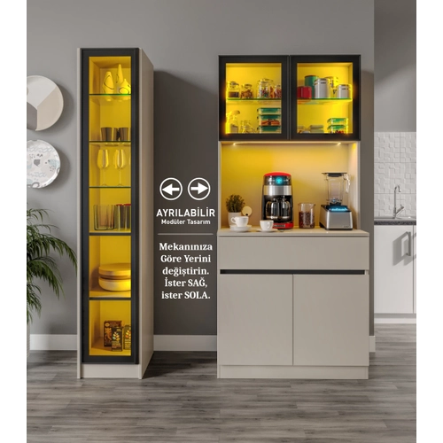 Lora Kum Beji Midi Sol Vitrinli Komple MDF LED Ayd�nlatmal� Kahve K��esi