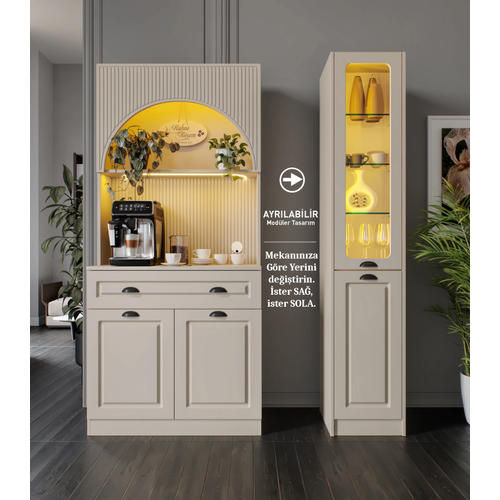 Siena Kum Beji Midi Sa� Vitrinli 130 cm Komple MDF LED Ayd�nlatmal� Kahve K��esi Montaj Dahil