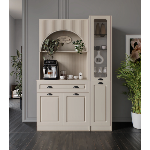 Siena Kum Beji Midi Sa� Vitrinli 130 cm Komple MDF LED Ayd�nlatmal� Kahve K��esi Montaj Dahil