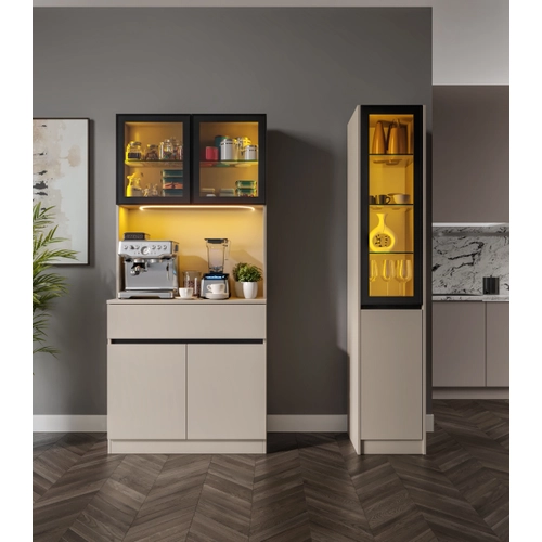 Viona Kum Beji Midi Sa� Vitrinli Komple MDF LED Ayd�nlatmal� Kahve K��esi