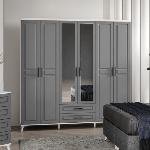 �cretsiz Montaj G�zde 6 Kapakl� Komple MDF Antrasit-Beyaz Yatak Odas� Tak�m�