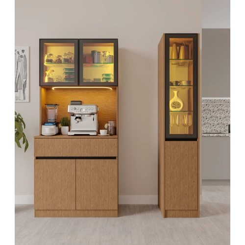 Bambu Midi Sa� Vitrinli Komple MDF LED Ayd�nlatmal� Kahve K��esi