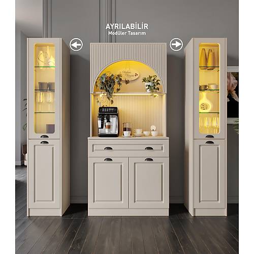 Siena Maxi 170 cm Komple MDF Cam Vitrinli Kahve K��esi - Kum Beji | Montaj Dahil