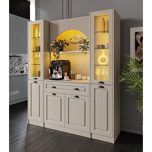 Siena Maxi 170 cm Komple MDF Cam Vitrinli Kahve K��esi - Kum Beji | Montaj Dahil