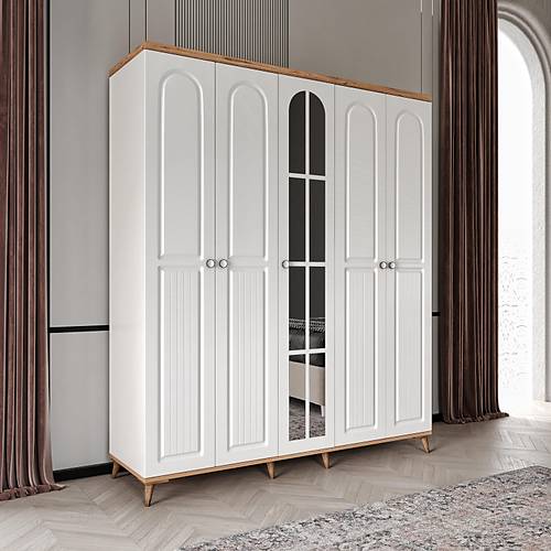 cretsiz Montaj Bohem 5 Kapakl Aynal Komple MDF  Gardrop