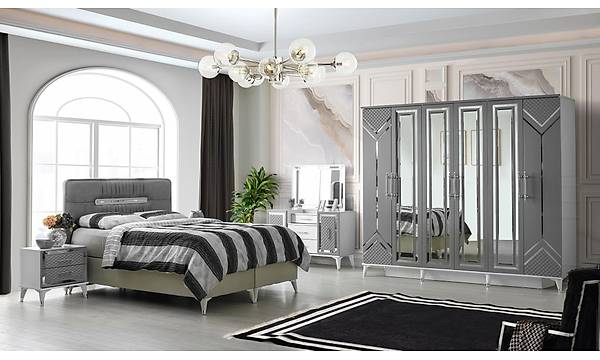 stanbul 6 Kapakl Komple MDF Gri Yatak Odas Takm