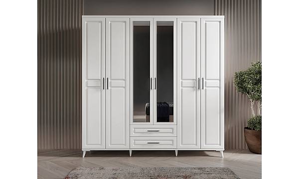 Gzde 6 Kapakl Aynal ekmeceli Komple MDF Beyaz Gardrop