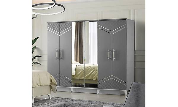 zmir Gri 6 Kapakl Komple MDF Gardrop