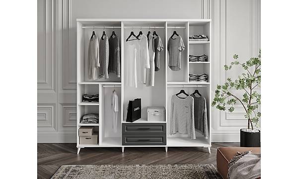Komple MDF Sanat 6 Kapakl ekmeceli Antrasit - Beyaz Gardrop