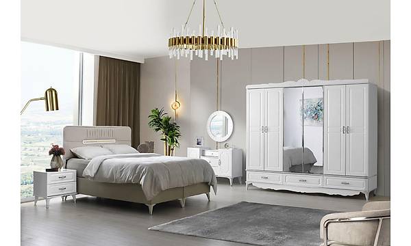Ilgn 6 Kapl Komple MDF Beyaz Yatak Odas Takm