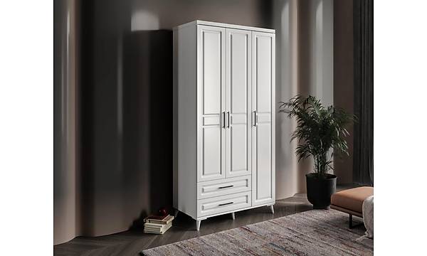 Komple MDF Gzde 3 Kapakl ekmeceli Beyaz Gardrop