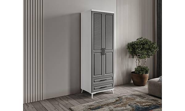 Sanat 2 Kapakl ekmeceli Komple MDF Antrasit - Beyaz Gardrop