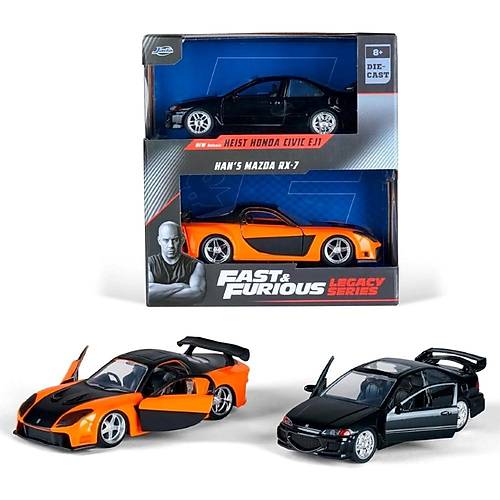 Jada 253202011 Fast & Furious 2'li Paket | 1993 Honda Civic Coupe (F1) & Han's Mazda RX-7 Model Arabalar | Diecast Koleksiyon Seti