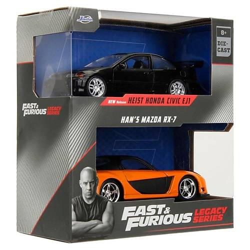 Jada 253202011 Fast & Furious 2'li Paket | 1993 Honda Civic Coupe (F1) & Han's Mazda RX-7 Model Arabalar | Diecast Koleksiyon Seti