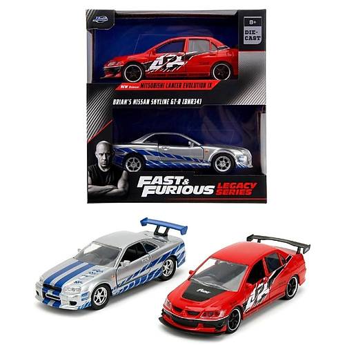 Jada 253202019 Fast & Furious 2'li Paket | 2006 Mitsubishi Lancer Evo IX & Brian's 2002 Nissan Skyline GTR R34 Model Arabalar