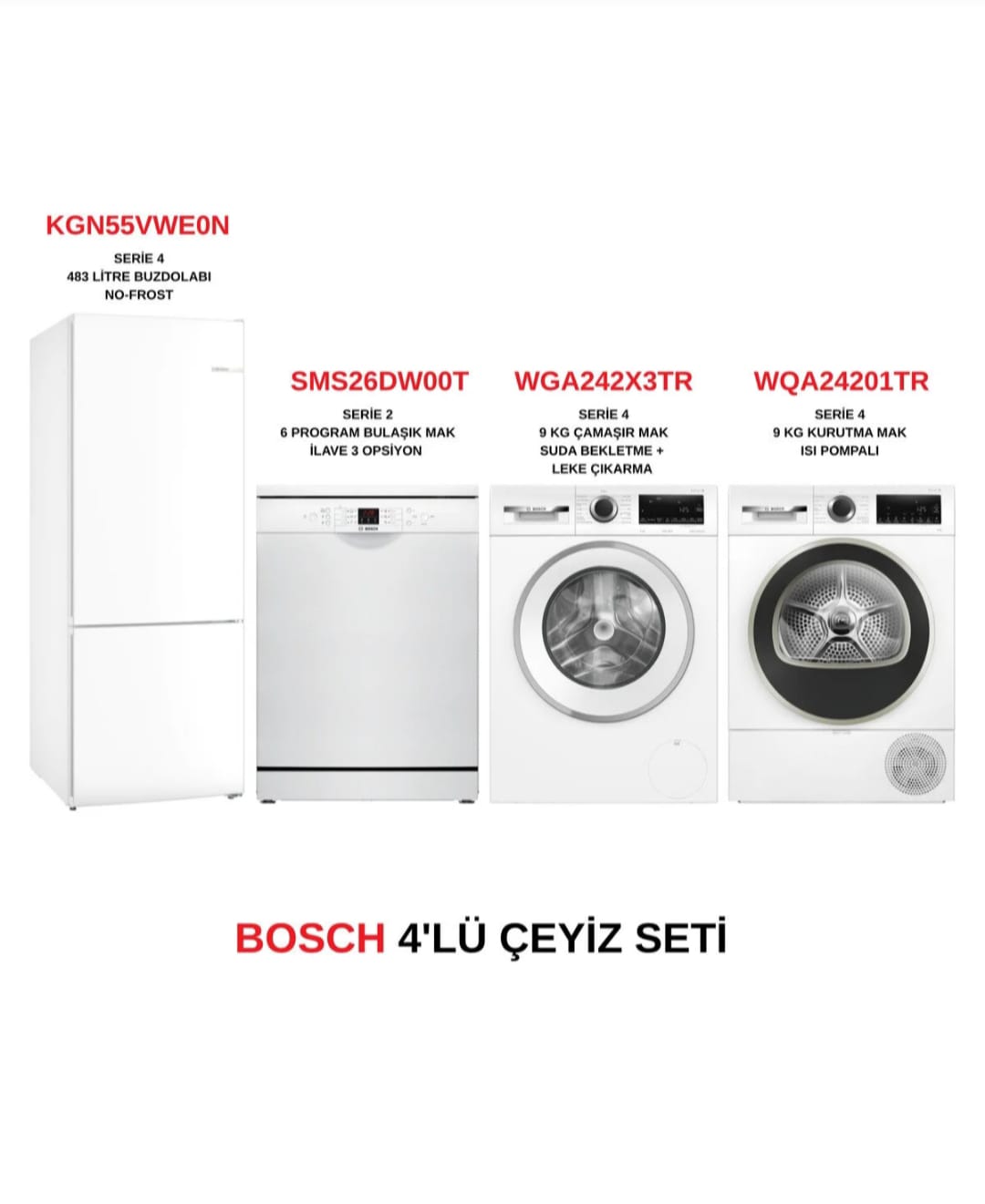 Bosch Çeyiz Seti KGN55VWE0N - SMS26DW00T - WGA242X3TR - WQA24201TR