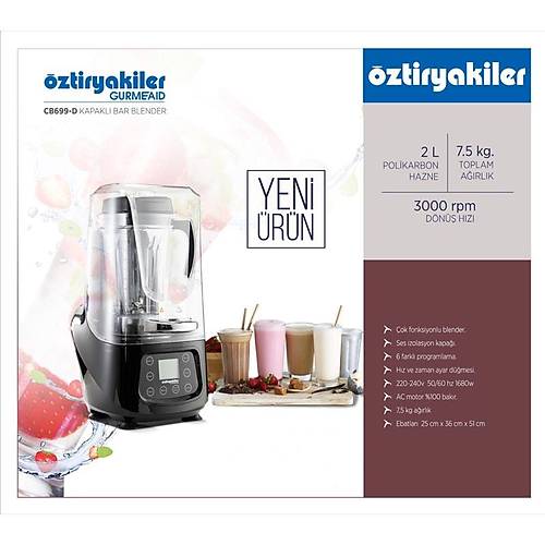 ztiryakiler Gurmeaid CB699-D Grlt nleyici Kapakl, Dijital Bar Blender, 2 L, 1680 W, Siyah