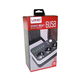 LDNIO Akm Korumal Priz 1,6mt Kablo l Anahtarl 6 x Usb arj Upsli Giri (3G 0,75mm)