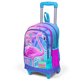 Coral High Kids Lavanta Pembe Flamingo Desenli Üç Bölmeli IşıkIı Tekerlekli Çekçekli Okul Sırt Çantası 23905