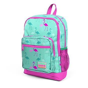 Coral High Kids Su Yeşili Neon Pembe Flamingo Desenli Dört Bölmeli Okul Sırt Çantası 23111