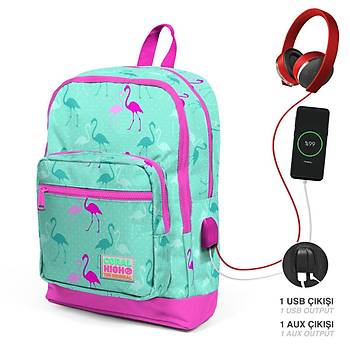 Coral High Kids Su Yeşili Neon Pembe Flamingo Desenli Dört Bölmeli USB Şarjlı Kulaklık Çıkışlı Okul Sırt Çantası 23275