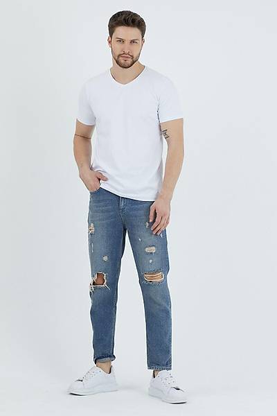 V Yaka Basic Tshirt Beyaz