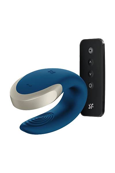 Satisfyer Double Love Connect App Blue iftler iin ok ilevli stimlatr, silikon, mavi, 18 cm.