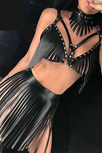 Fatnezi Deri Etek,S�tyen,Boyunluk Tak�m Siyah Body Harness