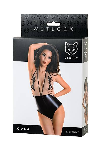 Glossy Kiara Bodysuit Wetlook malzemeden, Siyah, M