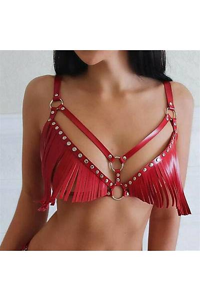 Fantezi Deri Kost�m K�rm�z� P�sk�ll� Body Harness