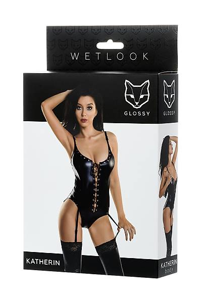 Glossy KATHERN Bodysuit, Wetlook malzemesinden backl, siyah, M