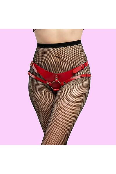 Fantezi Deri Kost�m K�rm�z� P�sk�ll� Body Harness
