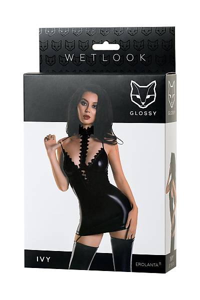 Glossy Ivy Gerdanlk Elbisesi Wetlook malzemeden, Siyah, XL