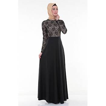 Nidya Moda Tesettür  Kadýn Siyah Üstü Dantel Abiye Elbise-4045S