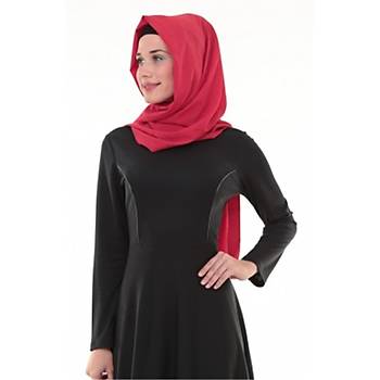 Nidya Moda Tesettür Kadýn Siyah Deri Biyeli Elbise-4042S
