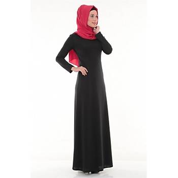 Nidya Moda Tesettür Kadýn Siyah Deri Biyeli Elbise-4042S