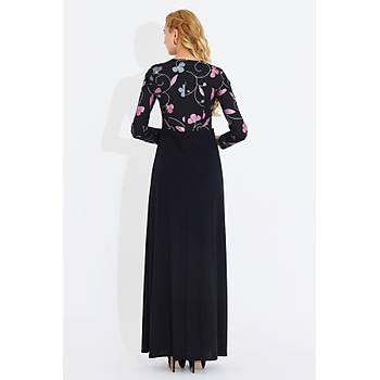 Nidya Moda Kadýn Siyah Üstü Çiçekli Uzun Elbise-4043ÇS