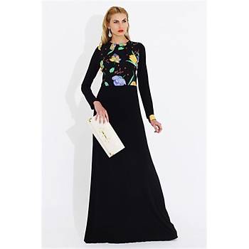 Nidya Moda Büyük Beden Üst Çiçekli Uzun Elbise-4046S