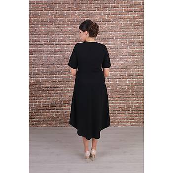 Nidya Moda Büyük Beden Kadýn Siyah Ön Kýsa Arka Uzun Krep Elbise-4151S