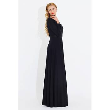 Nidya Moda Kadýn Siyah Deri Kombin Uzun Elbise-4041S