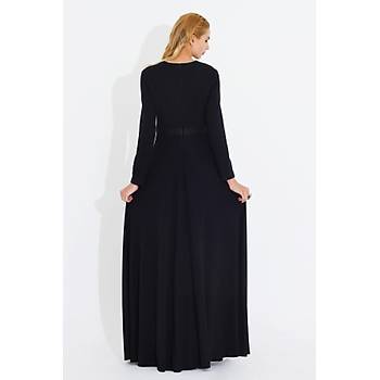 Nidya Moda Kadýn Siyah Deri Kombin Uzun Elbise-4041S