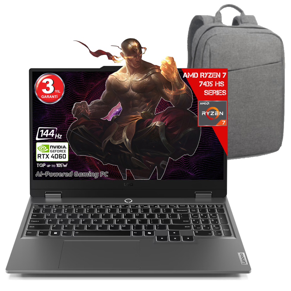 Lenovo LOQ 15ARP9 AI AMD Ryzen 7-7435HS 32 GB RAM DDR5 1 TB SSD SSD RTX4060 8GDDR6 15.6 IPS 144Hz FHD Freedos 83JC00FJTR-321C Dizüstü Bilgisayar (Yapay Zeka Destekli)+ Çanta