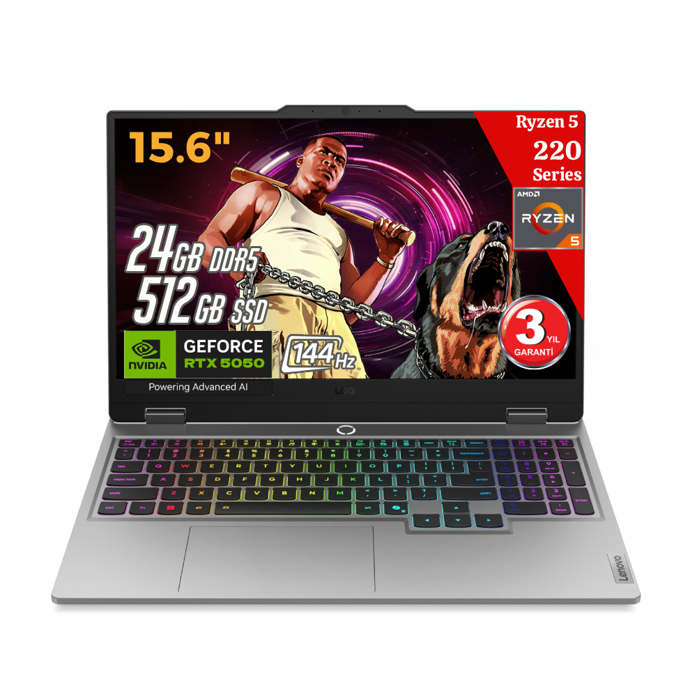 Lenovo LOQ 15AHP10 AI AMD Ryzen5 220 24GB 512GB RTX5050 15.6 IPS FHD FreeDos Gaming Dizüstü Bilgisayar